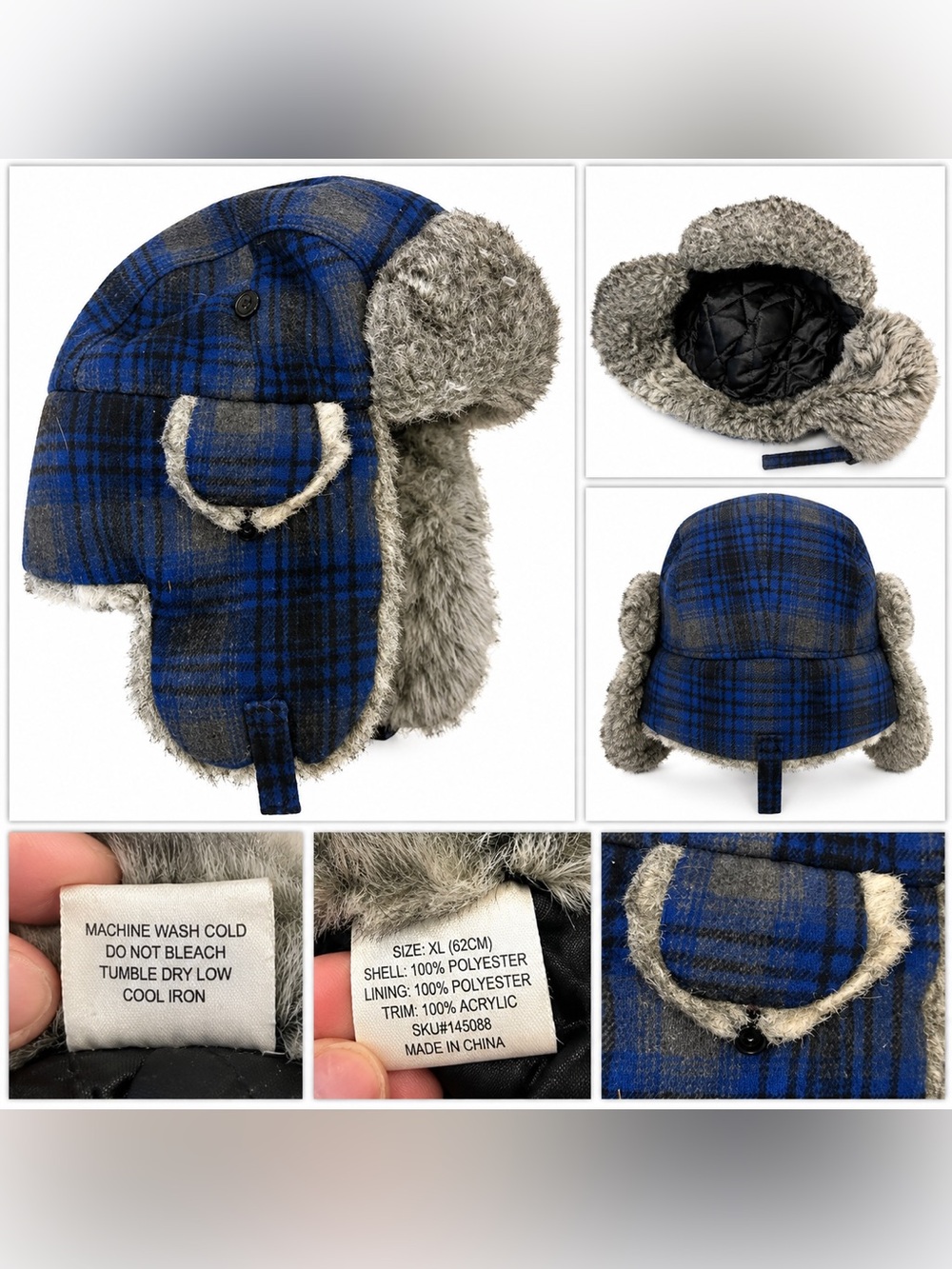 Unbranded Mens Blue Plaid Faux-Fur Trapper Hat